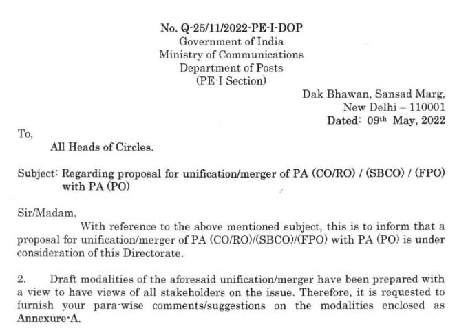 DoP Proposal for unification/merger of PA (CO/RO) / (SBCO) / (FPO) with PA (PO)