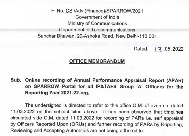 Online recording of Annual Performance Appraisal Report (APAR) on SPARROW Portal for all IP and TAFS Group A Officers for the Reporting Year 2021-22