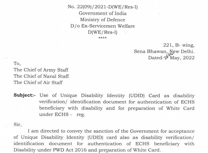 Use of Unique Disability Identity (UDID) Card as disability verification/ identification document for authentication of ECHS beneficiary with disability and for preparation of White Card under ECHS
