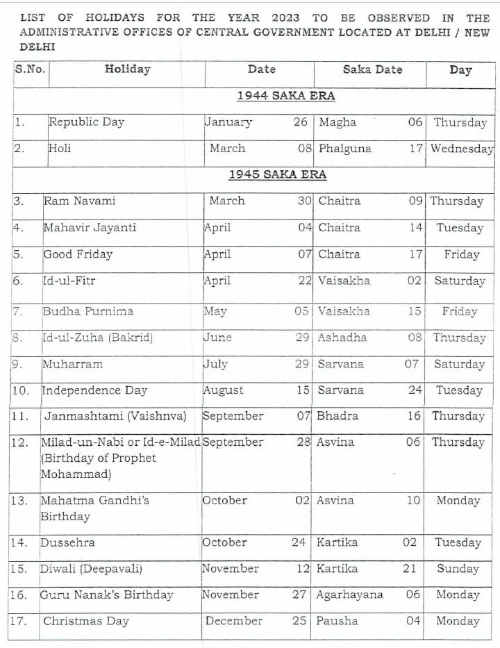 Central Government Offices Gazetted Holidays 2023 Central Government