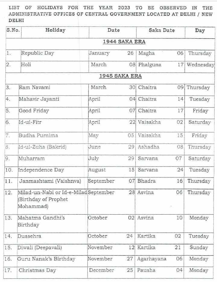 Central Government Offices Gazetted Holidays 2023 Central Government 