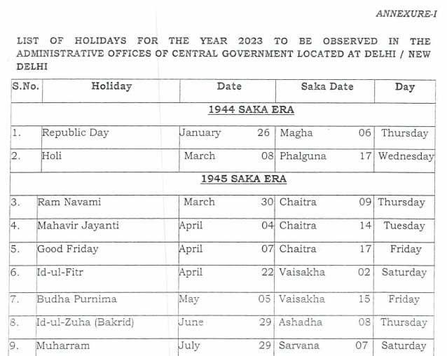 Central Government Offices Holiday list 2023 DoPT Order
