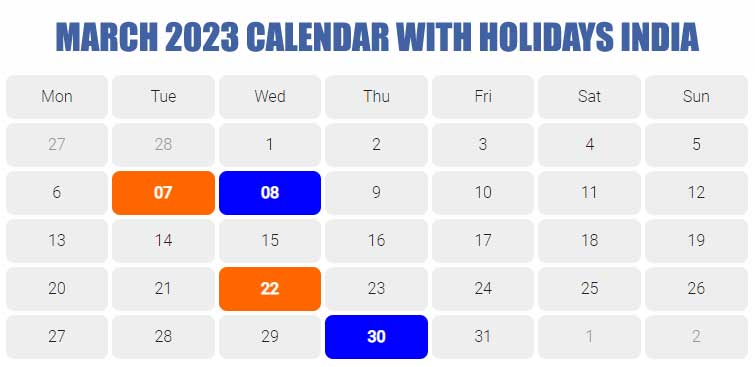 March 2023 Central Government Holidays Calendar