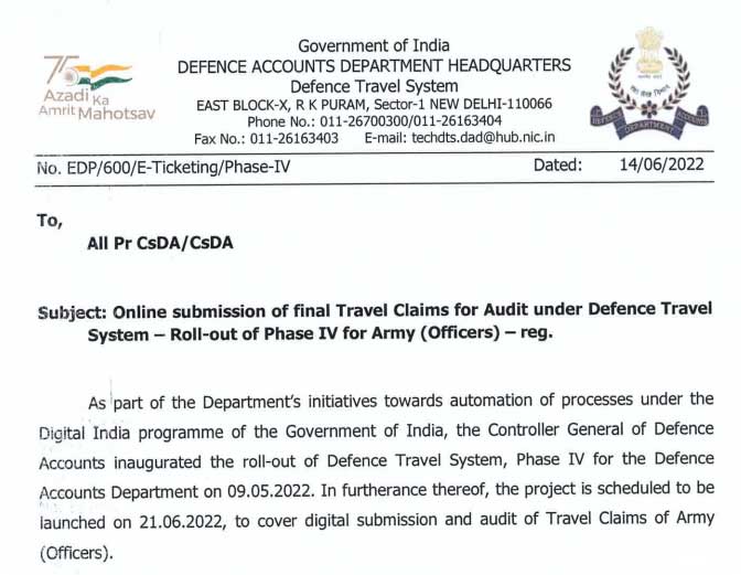 Online submission of final Travel Claims of Army Officers for Audit under Defence Travel System CGDA