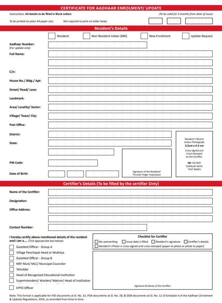 AADHAAR - LIST OF ACCEPTABLE SUPPORTING DOCUMENTS FOR VERIFICATION