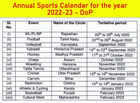 Postal Circles Annual Sports Calendar for the year 2022-2023
