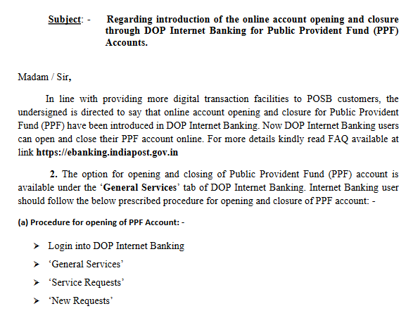 Online account opening and closure through DOP Internet Banking for Public Provident Fund PPF Accounts