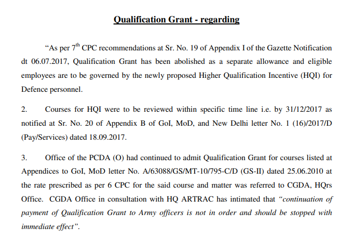 7th CPC continuation of payment of Qualification Grant to Army officers is not in order and should be stopped with immediate effect