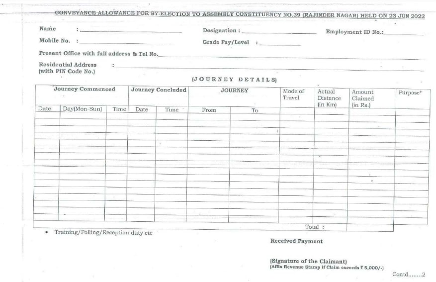 Conveyance Allowance for By-Election to Assembly Constituency No.39 Rajinder Nagar held on 23 June 2022