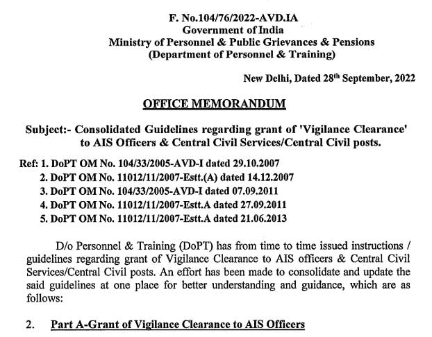 DoPT instructions / guidelines regarding grant of Vigilance Clearance to AIS officers & Central Civil Services/Central Civil posts