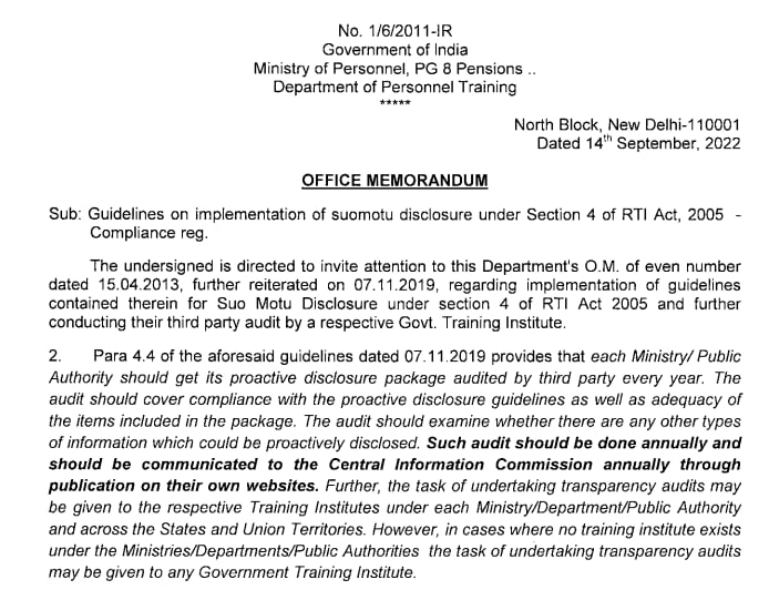 Guidelines on implementation of suomotu disclosure under Section 4 of RTI Act 2005 - DoPT