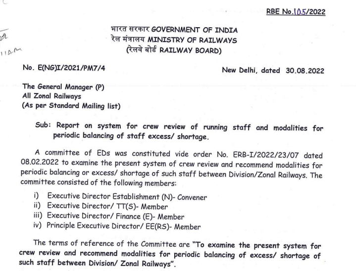 Report on system for crew review of running staff and modalities for periodic balancing of staff excess/ shortage