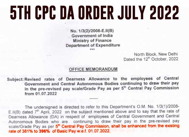 5th CPC DA Order July 2022 for Central Government Employees and Central Autonomous Bodies
