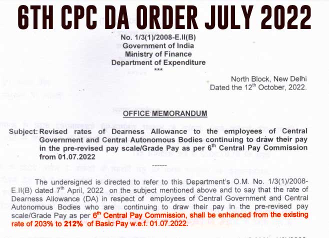 6th CPC DA Order July 2022 for Central Government Employees and Central Autonomous Bodies