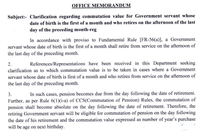 Commutation value for Government employee whose date of birth is the first of a month and who retires on the afternoon of the last day of the preceding month