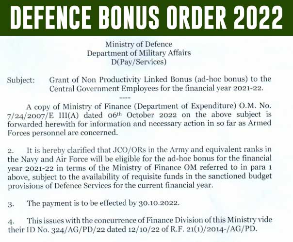 Non-Productivity Linked Bonus (ad-hoc bonus) 2022 to JCO/ORs in the Army and equivalent ranks in the Navy and Air Force