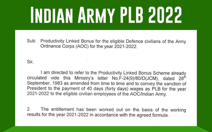 Defence civilians of the Army Ordnance Corps (AOC) Productivity Linked Bonus 2022