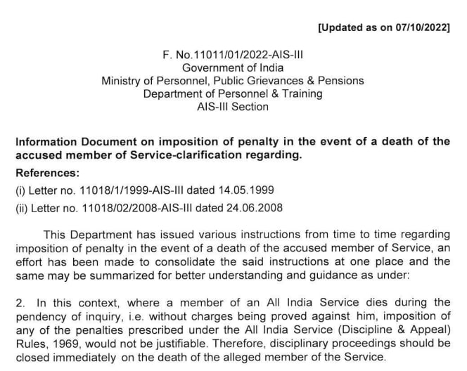Information Document on imposition of penalty in the event of a death of the accused member of Service - DoPT clarification