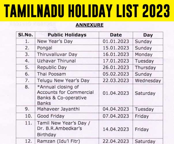 Tamil Nadu Government Public Holidays 2023 PDF