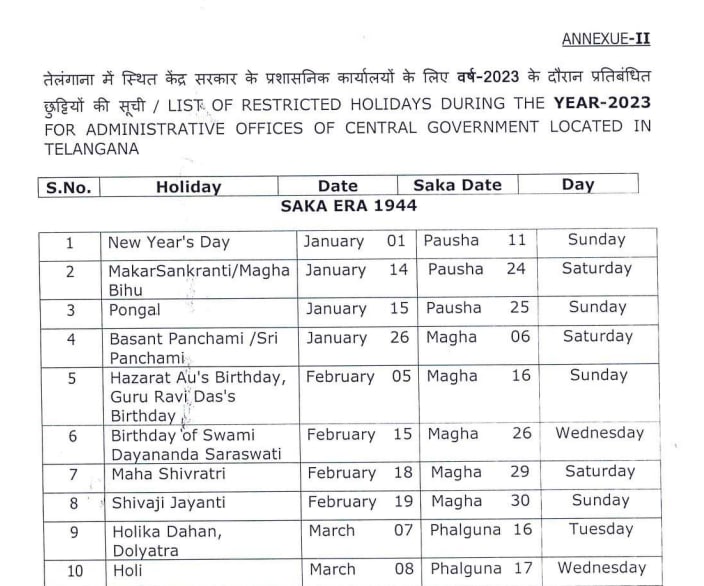 Central Government offices Holiday 2023 located in Telangana - CGEWCC Telangana