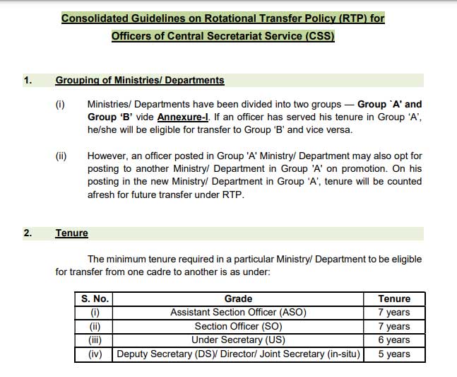 Consolidated guidelines on Rotational Transfer Policy (RTP) for Central Secretariat Service DoPT