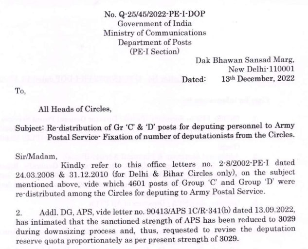 4601 posts of Group C and Group D were re-distributed among the Circles for deputing to Army Postal Service