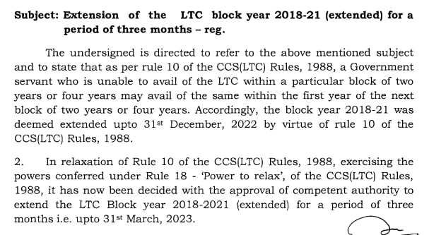 Extension of the LTC block year 2018-2021 extended for a period of three months upto 31st March 2023 Central Govt Employees