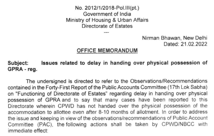 Issues related to delay in handing over physical possession of GPRA