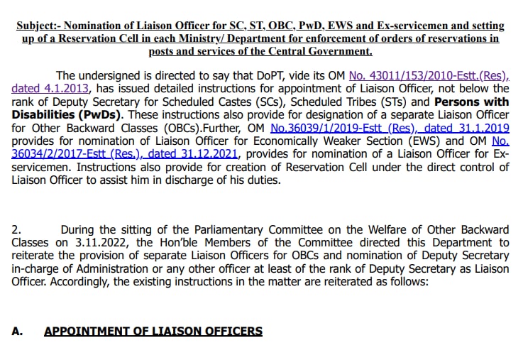 Nomination of Liaison Officer for SC, ST, OBC, PwD, EWS and Ex-servicemen in posts and services of the Central Government
