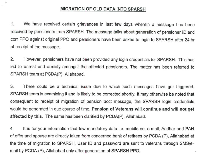 MIGRATION OF OLD PENSIONERS DATA INTO SPARSH