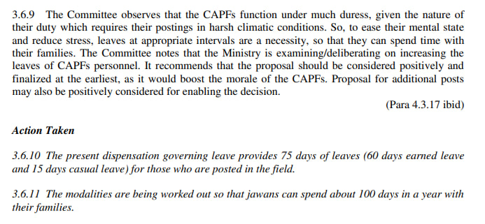Proposal to raise CAPF personnel's annual leave from 75 to 100 days