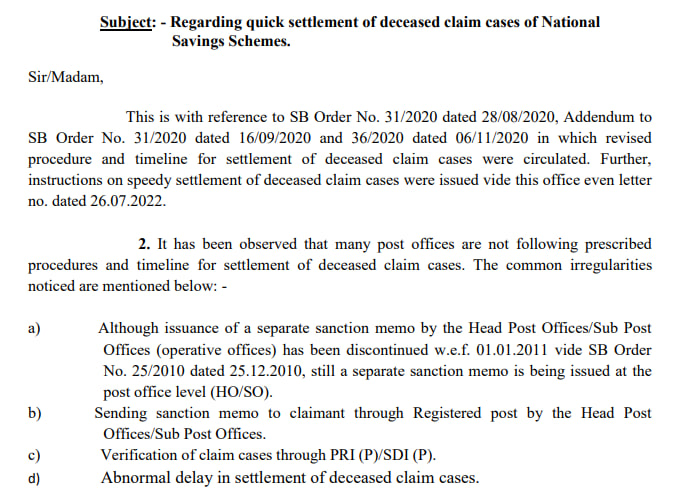 Quick settlement of deceased claim cases of National Savings Schemes