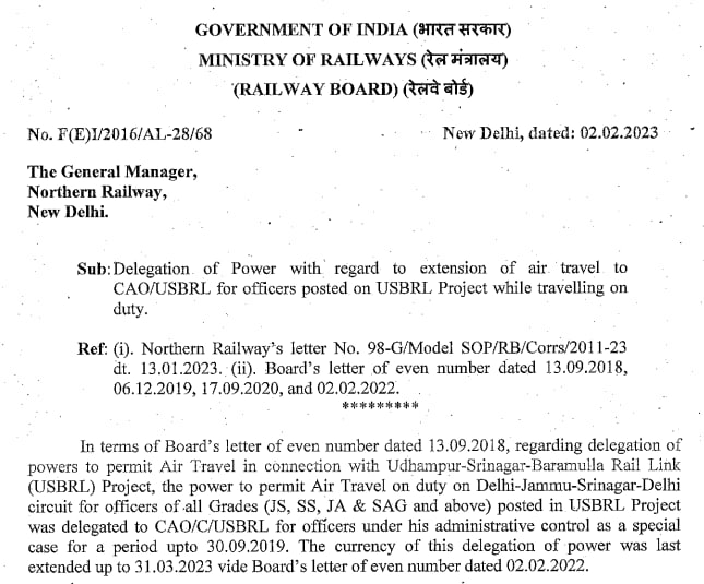 Delegation of Power with regard to the extension of air travel to CAO/USBRL for officers posted on USBRL Project while travelling on duty