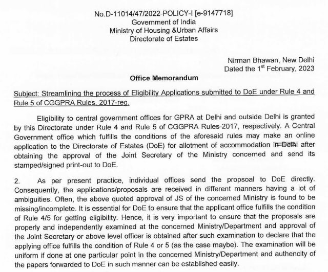 Eligibility to central government offices for GPRA granted by this Directorate under Rule 4 and Rule 5 of CGGPRA Rules 2017