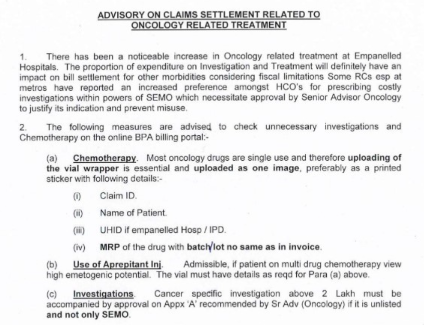 ECHS - ADVISORY ON CLAIMS SETTLEMENT RELATED TO ONCOLOGY RELATED TREATMENT