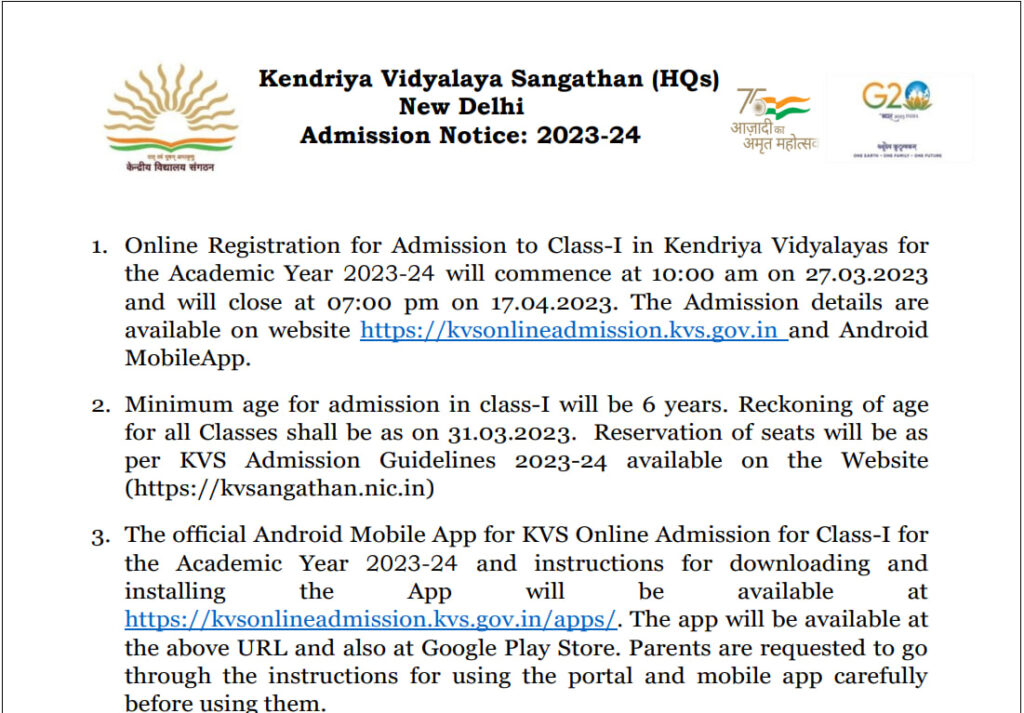 KVS Admission Notice 2023-2024