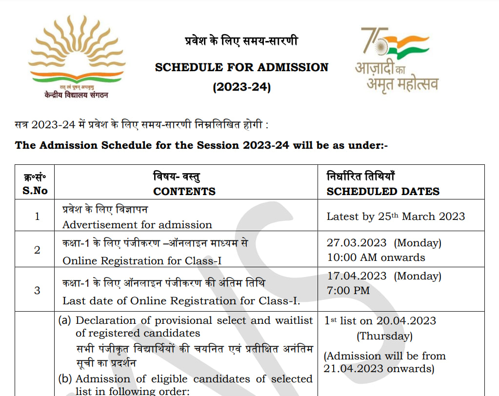 KVS Admission Schedule 2023-2024 PDF