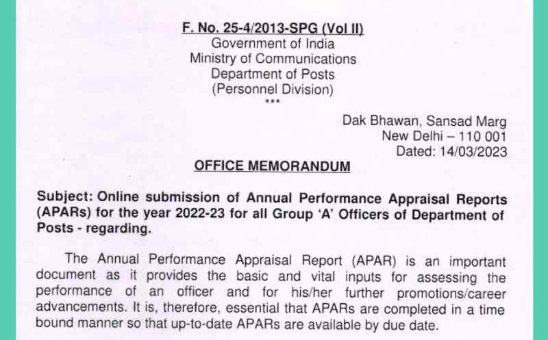 Online submission of APARs for the year 2022-23 for all Group 'A' Officers of Department of Posts