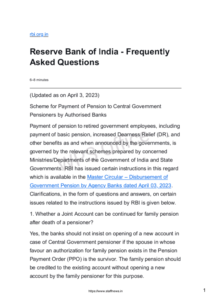 Pension to Government Pensioners FAQ RBI
