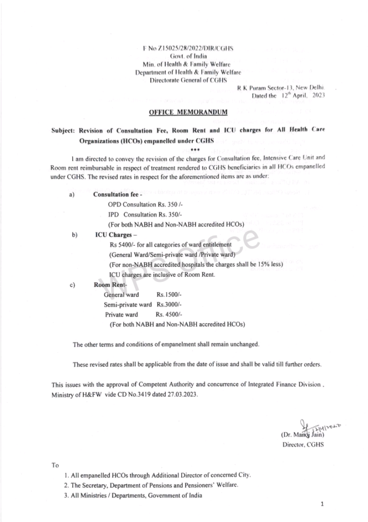 Revision of Consultation Fee, Room Rent and ICU charges for All Health Care Organizations (HCOs) empanelled under CGHS