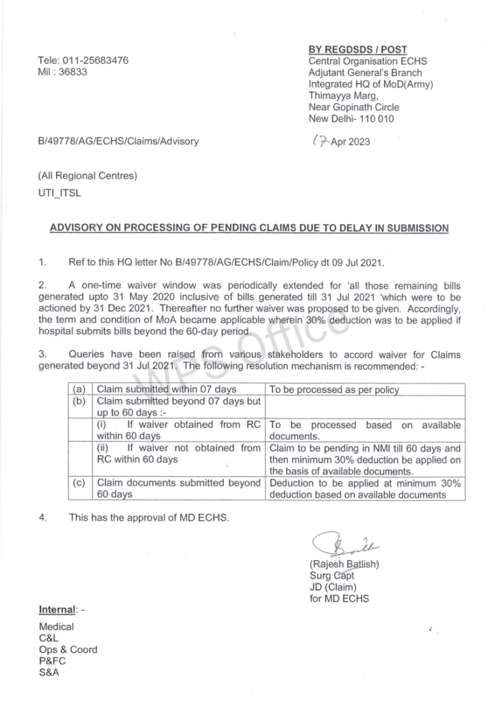 ECHS ADVISORY ON PROCESSING OF PENDING CLAIMS DUE TO DELAY IN SUBMISSION