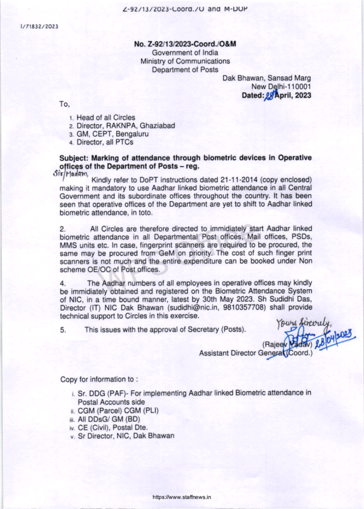 Marking of attendance through biometric devices in Operative offices of the Department of Posts