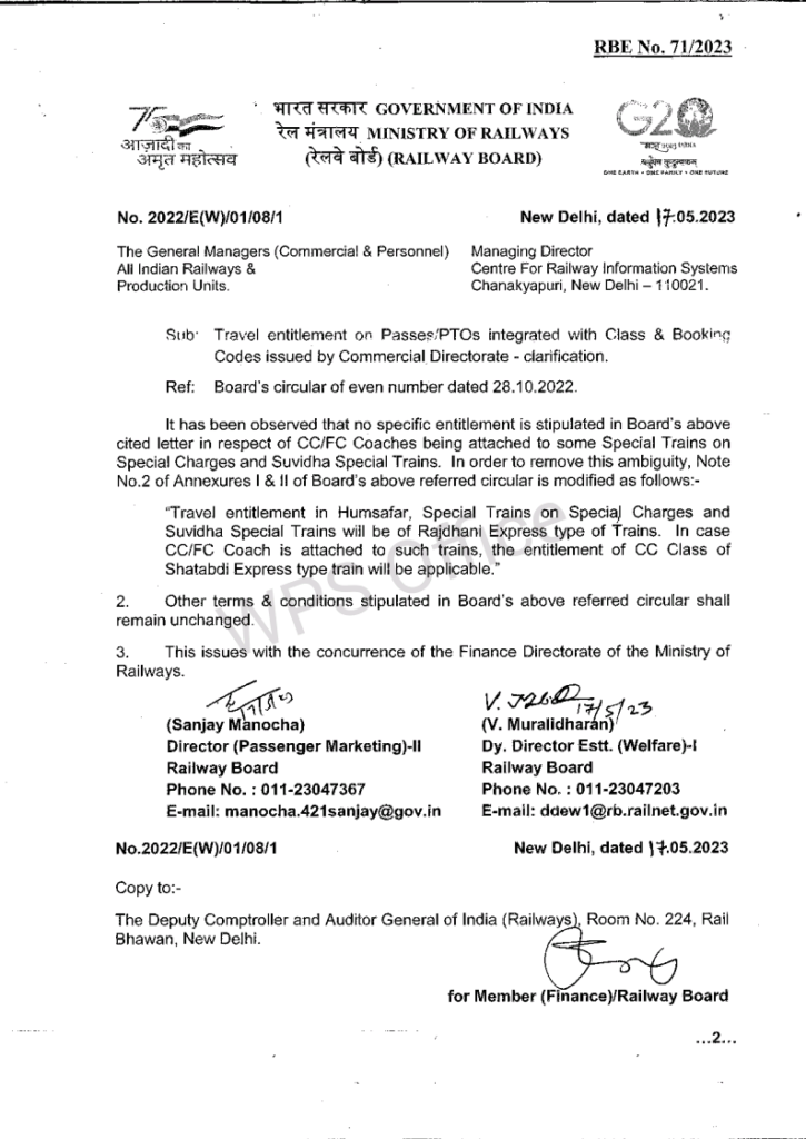 Travel entitlement on Railway Passes/ PTOs integrated with Class & Booking Codes issued by Commercial Directorate