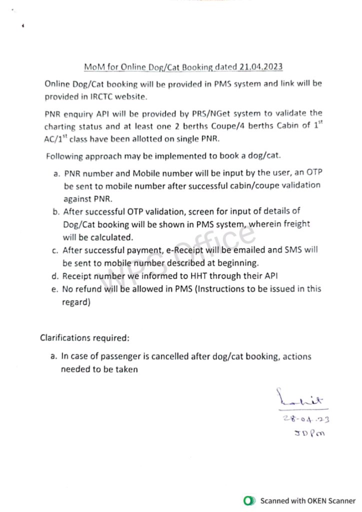 Implementation of online booking of Dog and Cat when transported in 1st  AC/1st Class Indian Railways