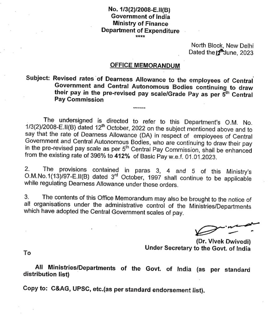 5th CPC DA order Jan 2023 for Central government employees
