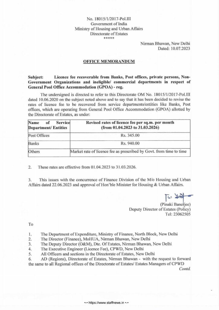 Revised rates of licence fee General Pool Office Accommodation (GPOA)