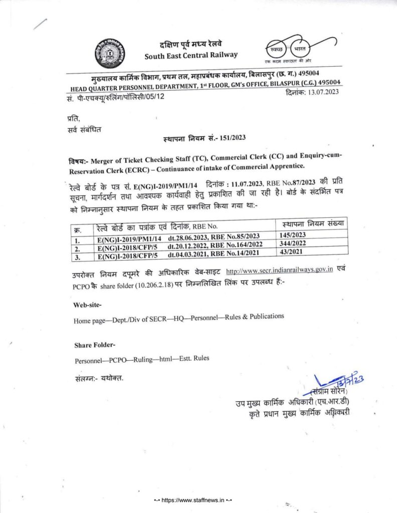 Merger of TC, CC and ECRC Continuance of intake of Commercial Apprentice