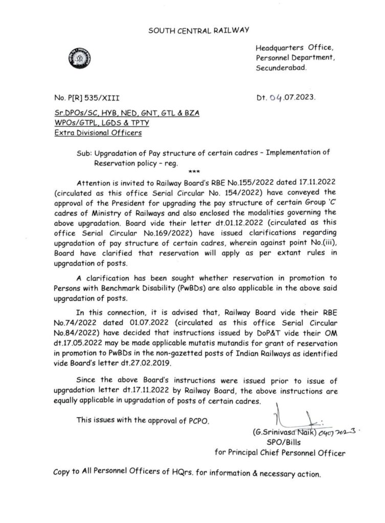 Implementation of Reservation policy - Upgradation of Pay structure of certain cadres