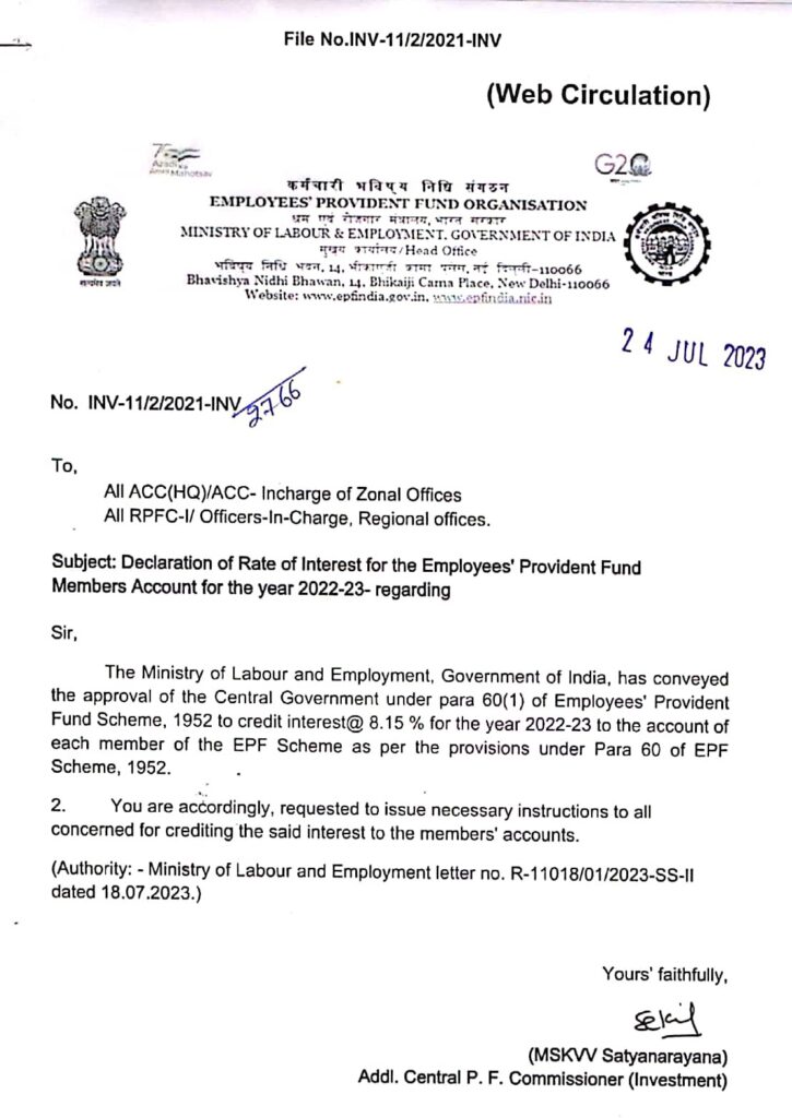 Interest rate of EPFO Members Account for the year 2022-23