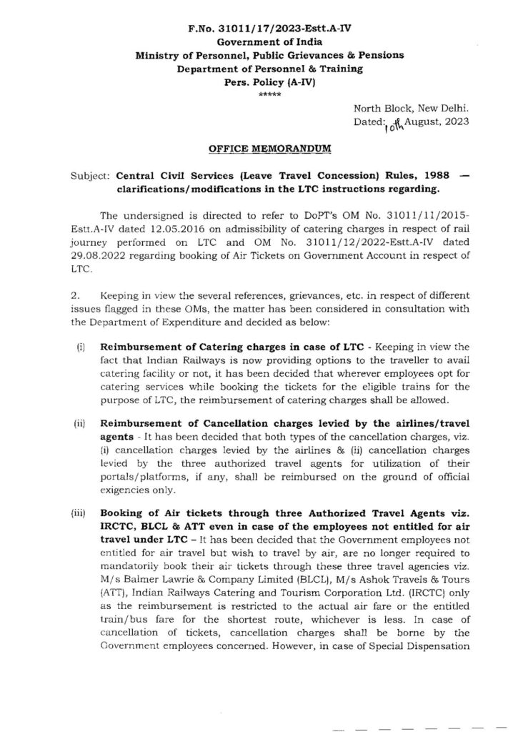 Booking of Air Tickets on Government Account in respect of LTC